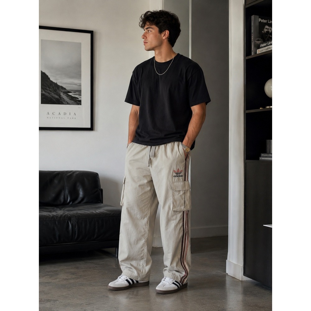 Adidas Mens 3 Stripe Cargo Pants Mens XL Beige Three Stripe Baggy Y2K Ombre